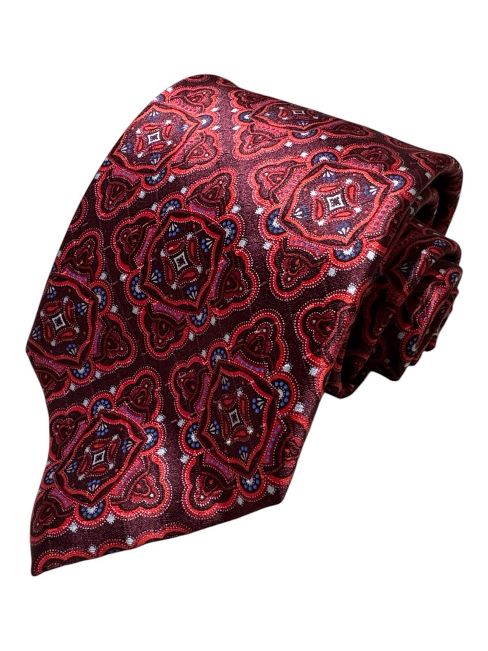 Ermenegildo Zegna mens red geometric medallion pattern 100% silk luxury tie EUC